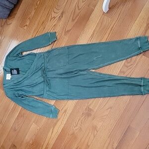 CHASER Cozy Knit Long Sleeve Surpluce Jumpsuit in a washed green